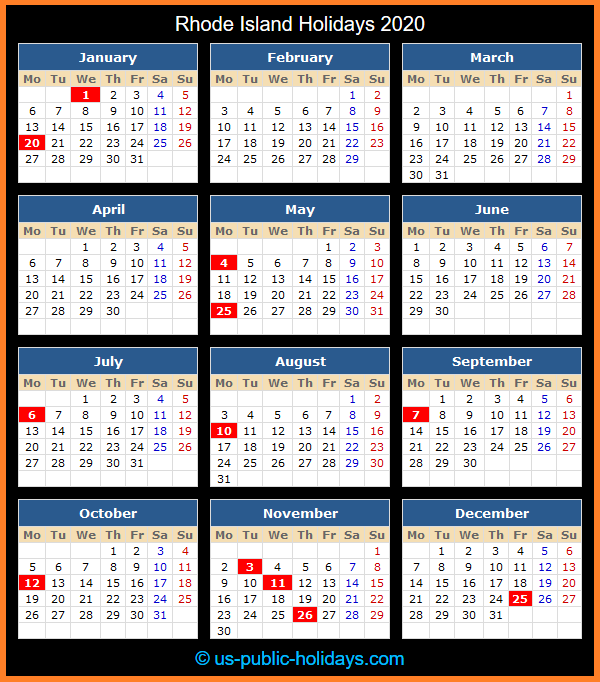 Rhode Island Holiday Calendar 2020